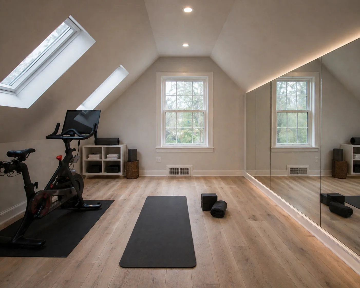 Attic yoga studio Ottawa with skylights and mirror wall